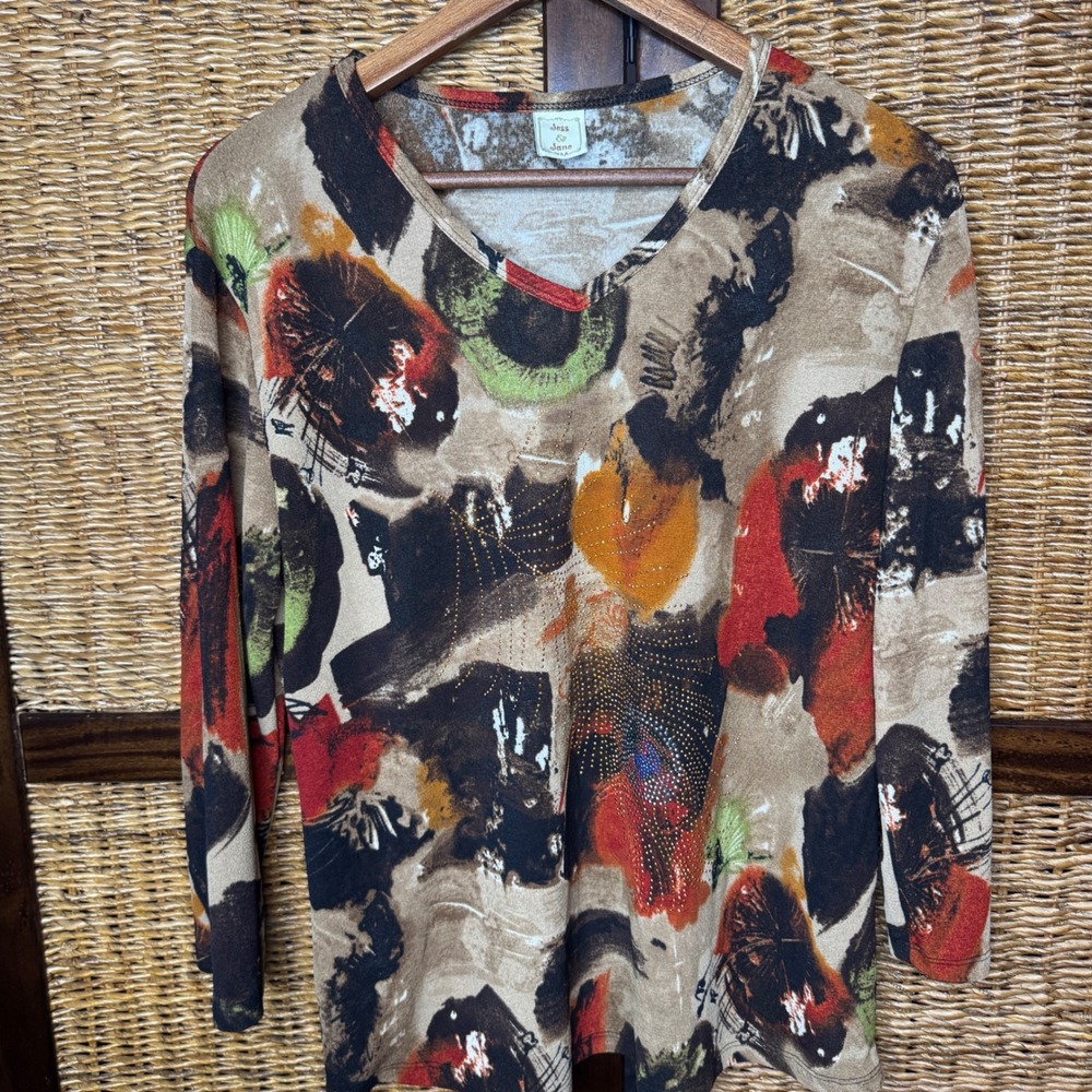 Jess & Jane Abstract Art Print V-Neck Top Rhinestone Accents Long Sleeve Brown M